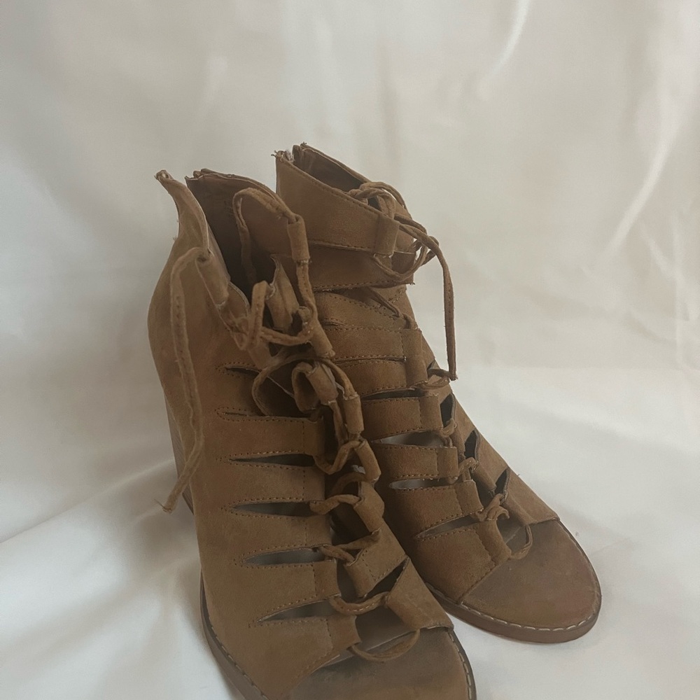 Women's Tan Lace-Up Heeled Sandals